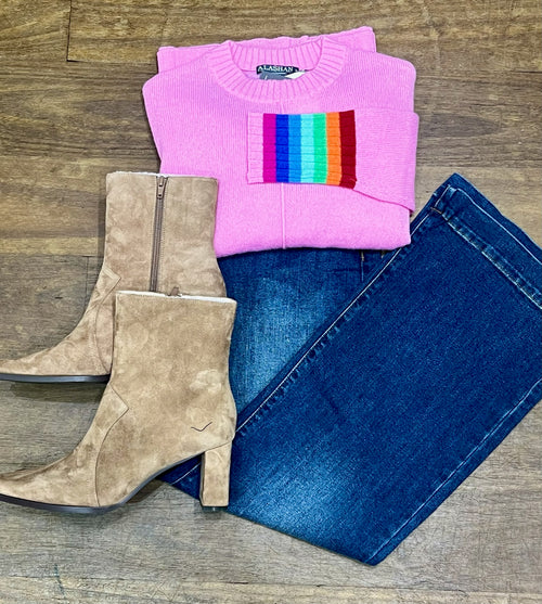 Heather Cashmere Rainbow Cuff Crew | Glam Pink