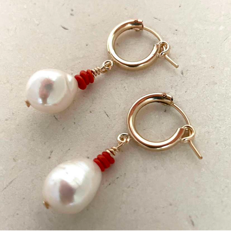 Java Coral pearl continental 13mm hoop Earrings