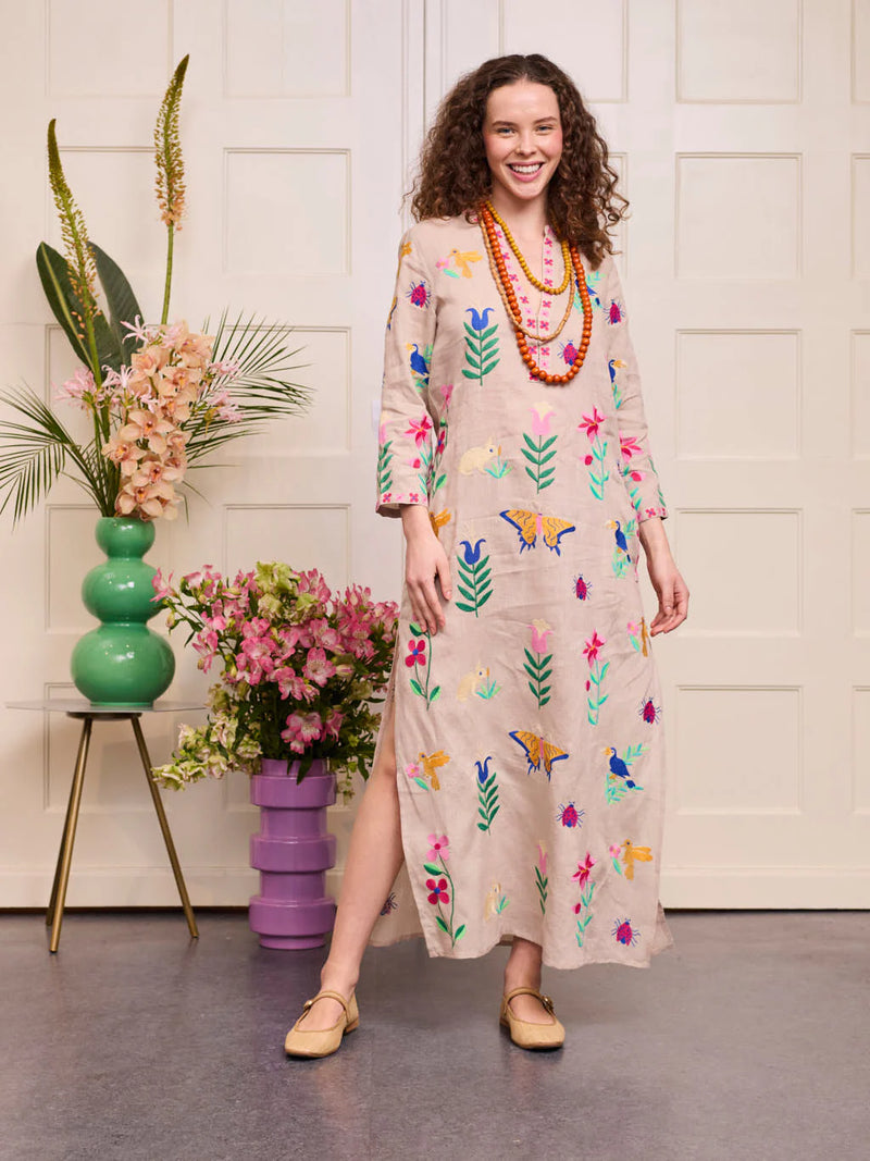Sapphire Long Kaftan Mexican Embroidery | Beige