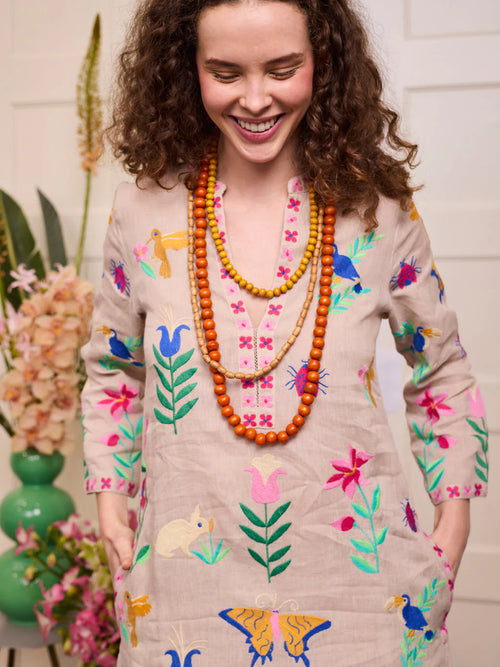Sapphire Long Kaftan Mexican Embroidery | Beige