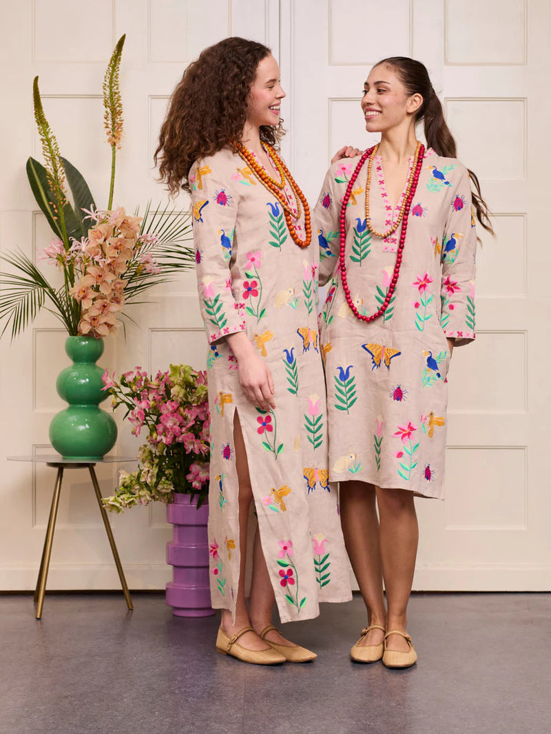 Sapphire Long Kaftan Mexican Embroidery | Beige