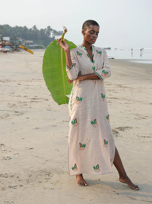 Sapphire Short Kaftan | Beige Embroidery