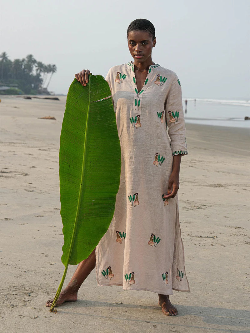 Sapphire Short Kaftan | Beige Embroidery