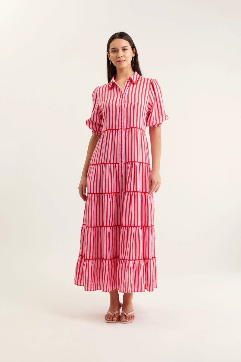 Marlow Bretton Linen Dress | Pink and Red