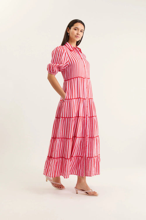 Marlow Bretton Linen Dress | Pink and Red