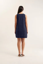 Tani Midi Linen Dress | Navy and White