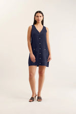 Tani Midi Linen Dress | Navy and White