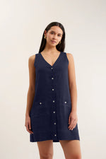Tani Midi Linen Dress | Navy and White