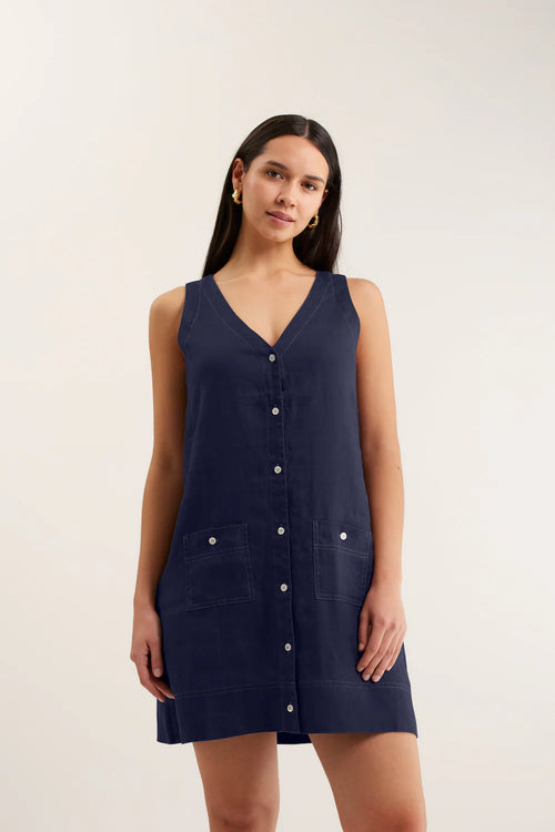 Tani Midi Linen Dress | Navy and White