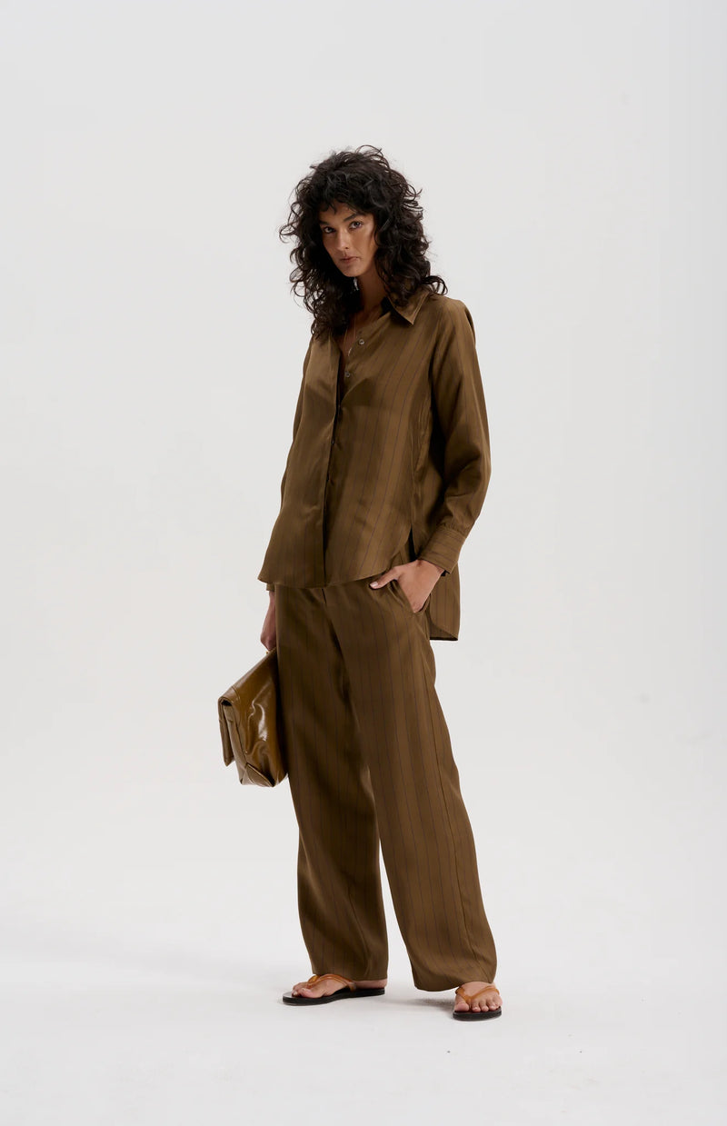 Le Silk Twill Pinstripe Shirt | Tobacco