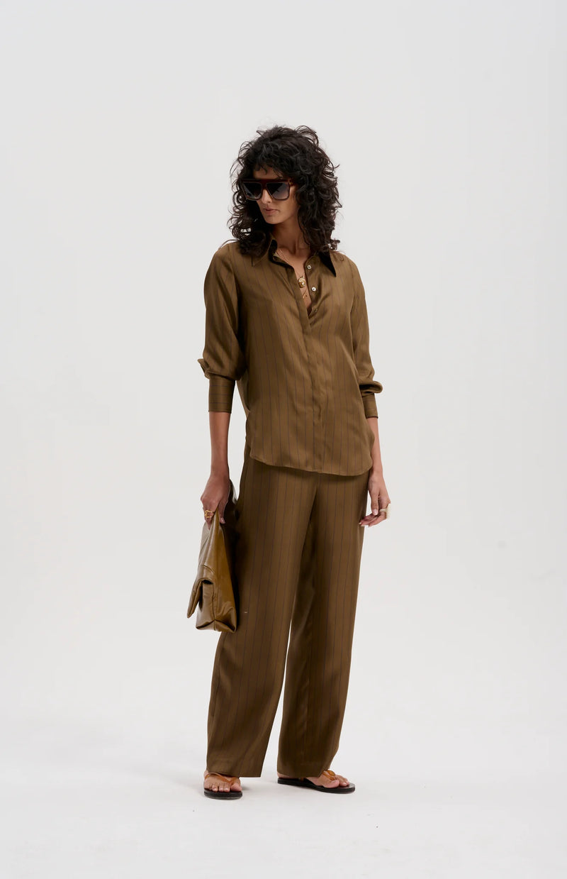 Le Silk Pinstripe Twill Pant | TOBACCO