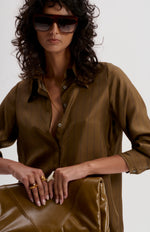Le Silk Twill Pinstripe Shirt | Tobacco