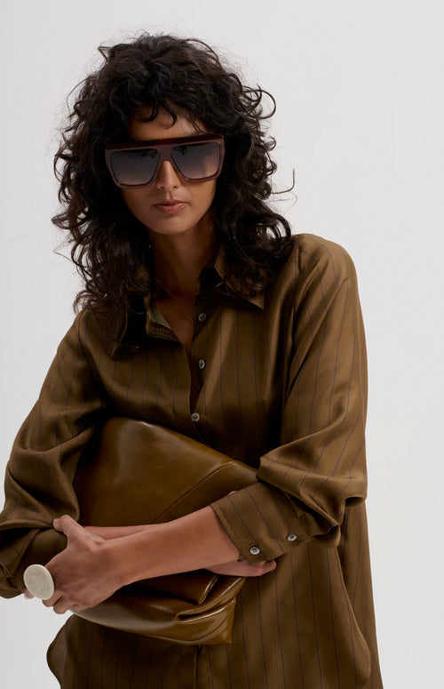 Le Silk Twill Pinstripe Shirt | Tobacco