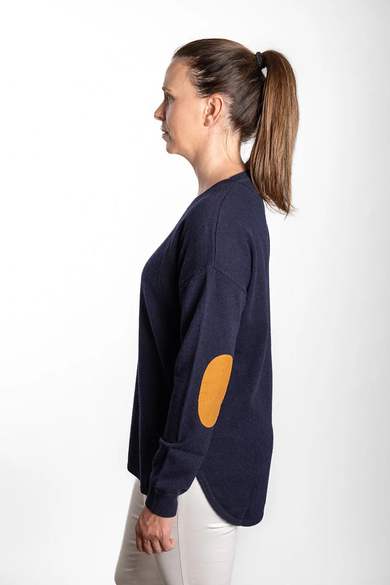 Navy Swing Knit with Tan Patches