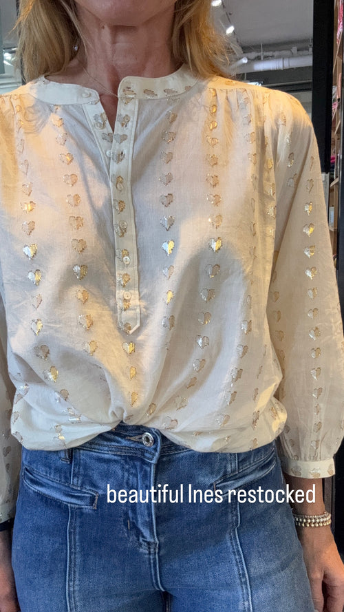 Ines Love Heart Blouse | SIlver Gold heart on Ecru