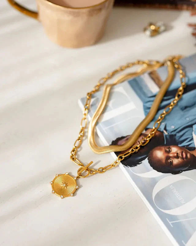 Elle Gold Fob Chain Necklace with Encrusted Pendant