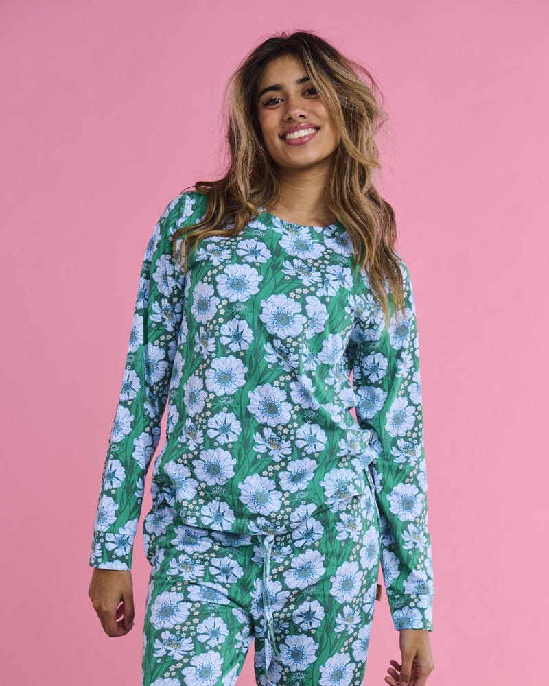 Tumbling Flowers Green Organic Cotton Long Sleeve Pyjama Top & Slouch Pant Set