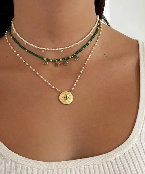 Haveli Green Zircon pendant with Pearl link chain