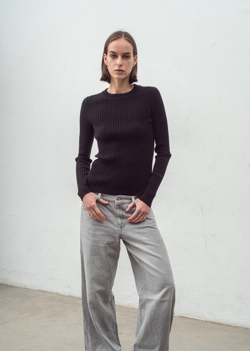 CASHMERE BLEND NEW SKINNY RIB CREW | BLACK