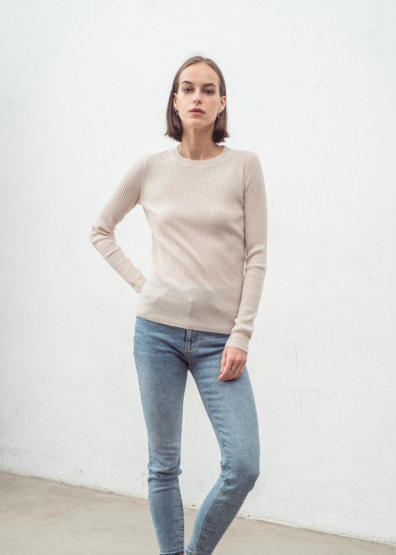 CASHMERE BLEND NEW SKINNY RIB CREW | LIGHT SHELL