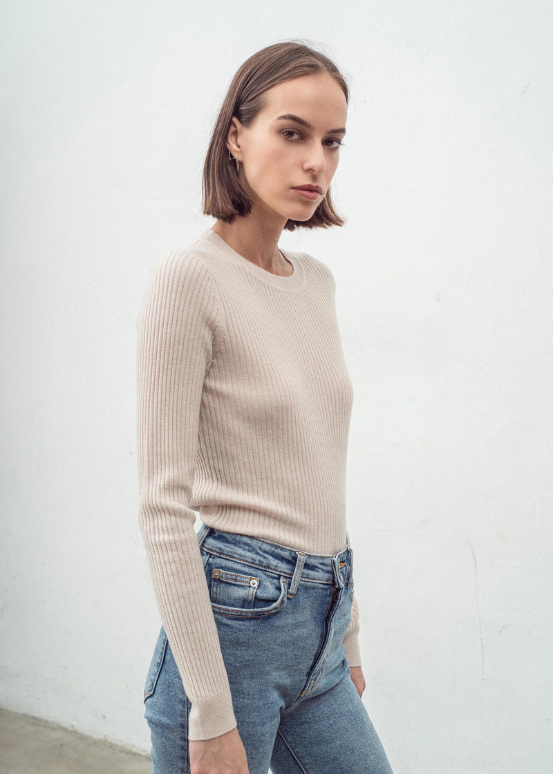 CASHMERE BLEND NEW SKINNY RIB CREW | LIGHT SHELL