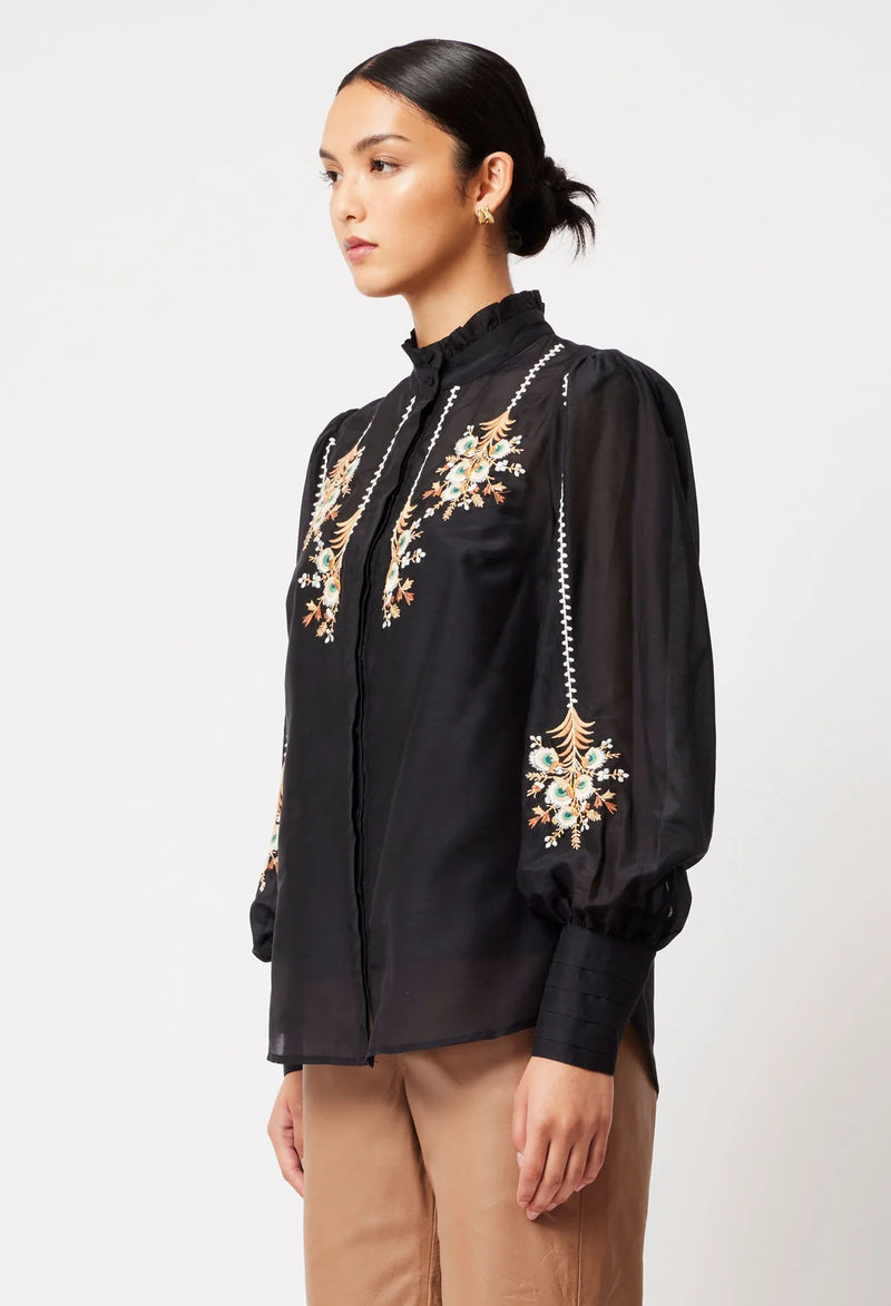 FLORENCE COTTON SILK EMBROIDERED SHIRT | BLACK