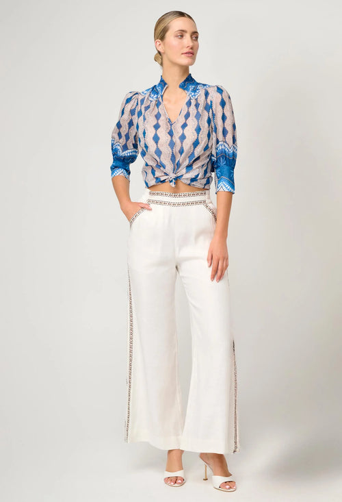 Oleander Cotton Silk Shirred Collar Blouse | Marrakech Topaz