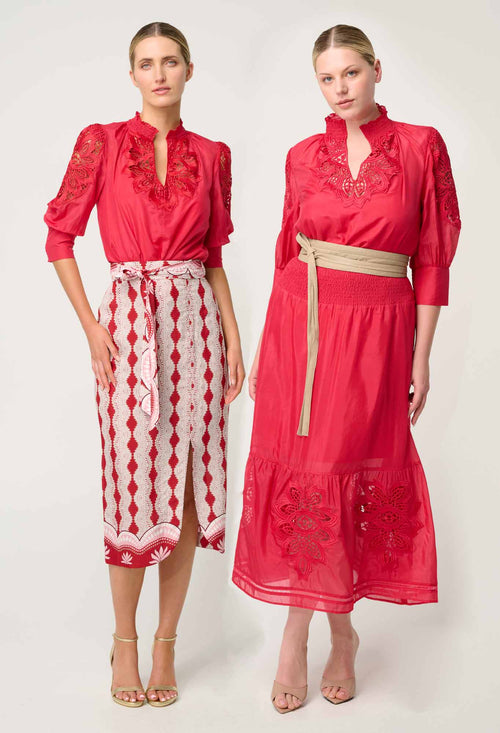 Oleander Cotton Silk Shirred Collar Lace Detail Blouse | Ruby