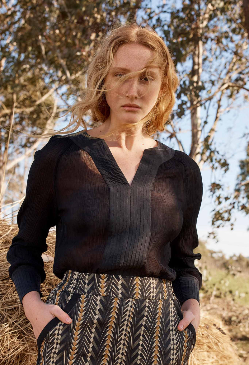 Lucent Crinkle Cotton Silk Contrast Stitch Detail Blouse | Black