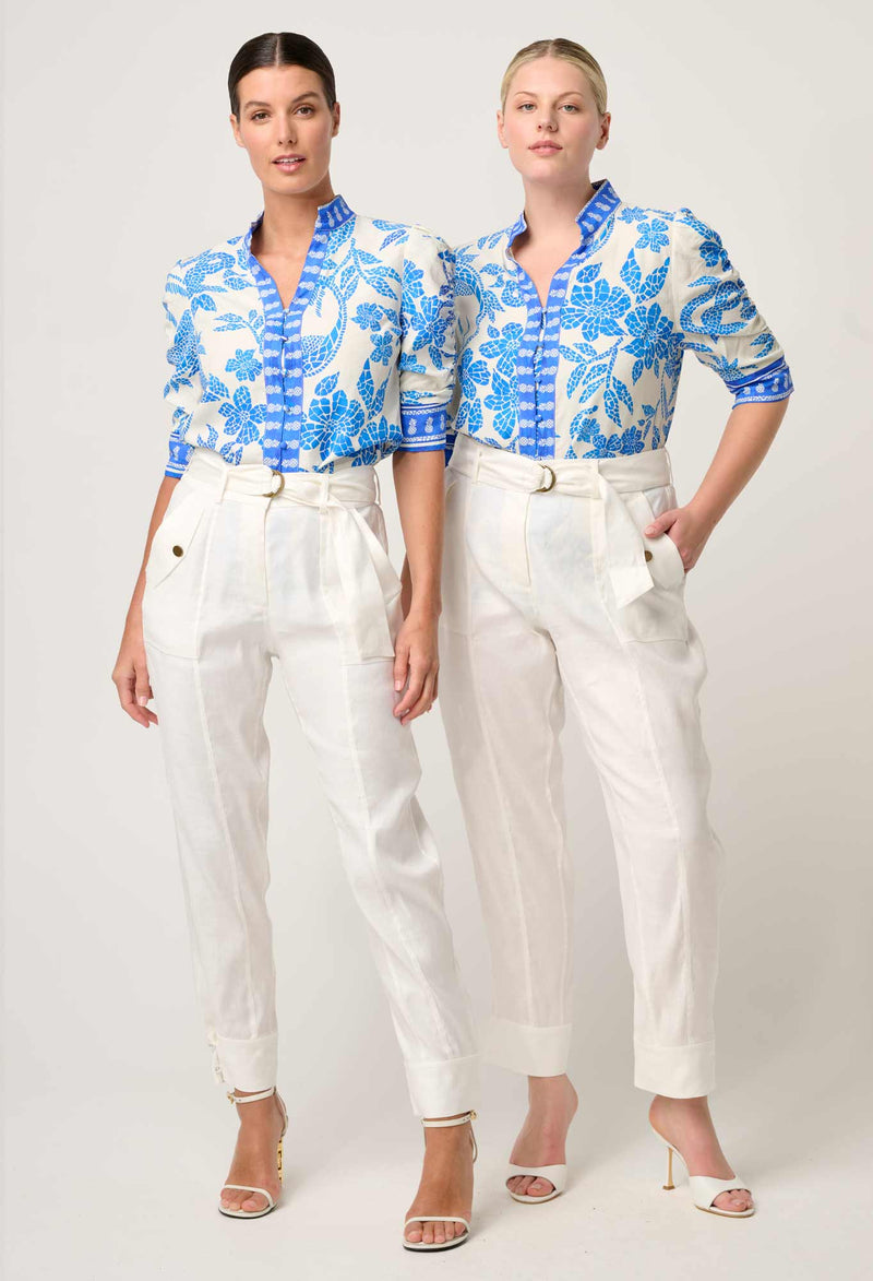 Calantha Ruched Sleeve Shirt | Azure Mosaic