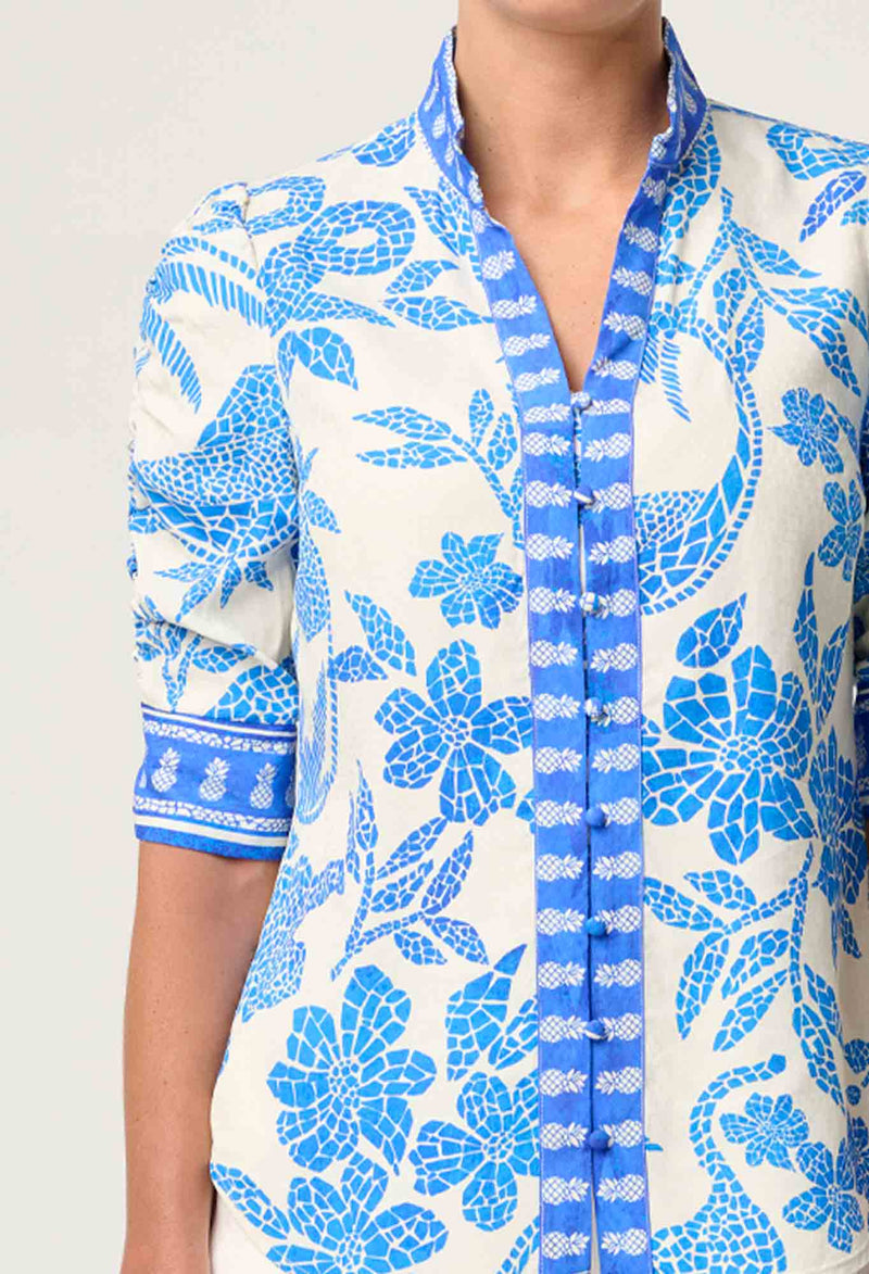 Calantha Ruched Sleeve Shirt | Azure Mosaic