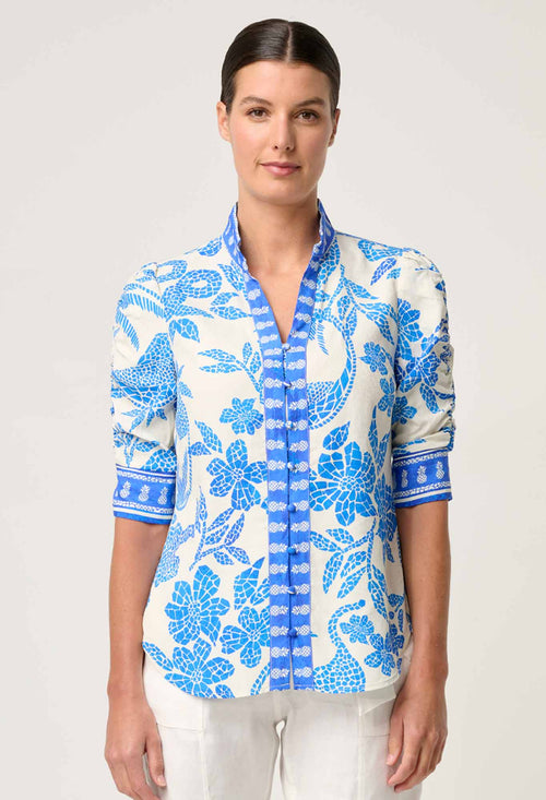 Calantha Ruched Sleeve Shirt | Azure Mosaic