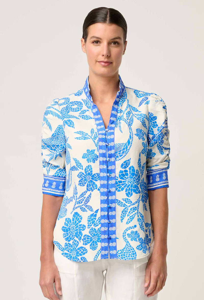 Calantha Ruched Sleeve Shirt | Azure Mosaic