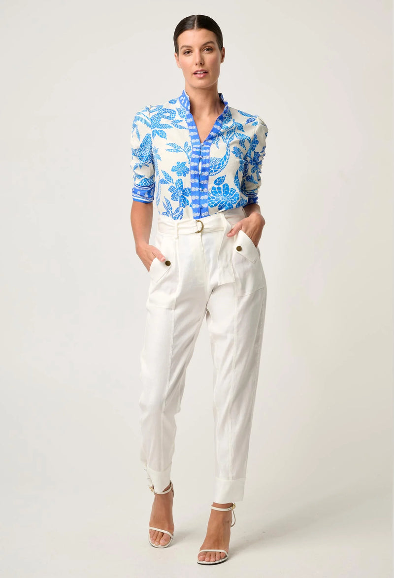 Calantha Ruched Sleeve Shirt | Azure Mosaic