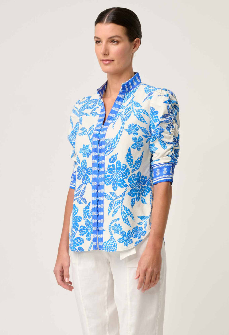 Calantha Ruched Sleeve Shirt | Azure Mosaic