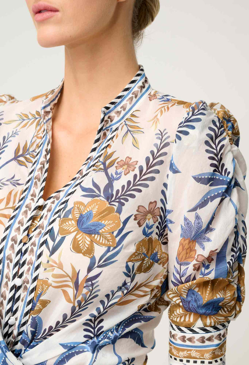 Calantha Silk Cotton Contrast Trim Ruched Sleeve Shirt | Golden Medina