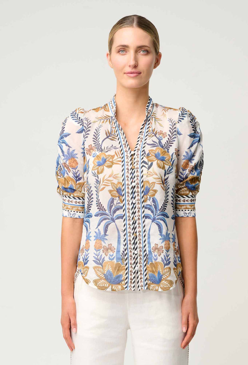 Calantha Silk Cotton Contrast Trim Ruched Sleeve Shirt | Golden Medina