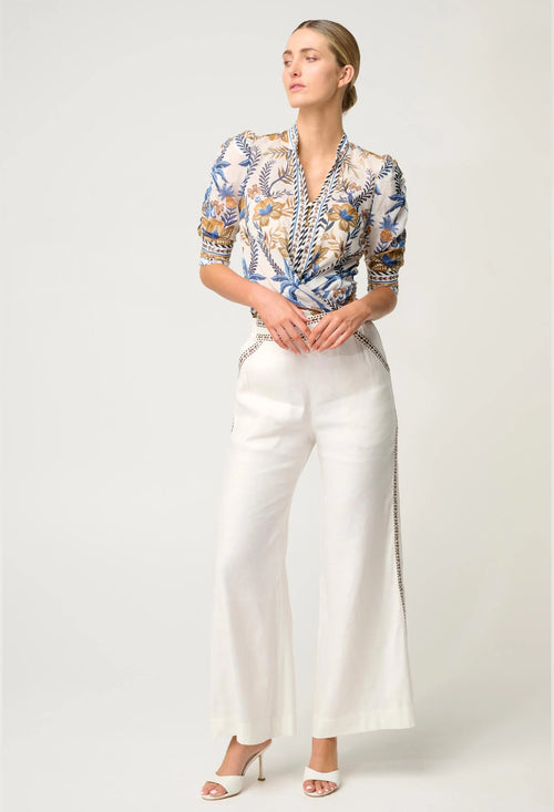 Calantha Silk Cotton Contrast Trim Ruched Sleeve Shirt | Golden Medina