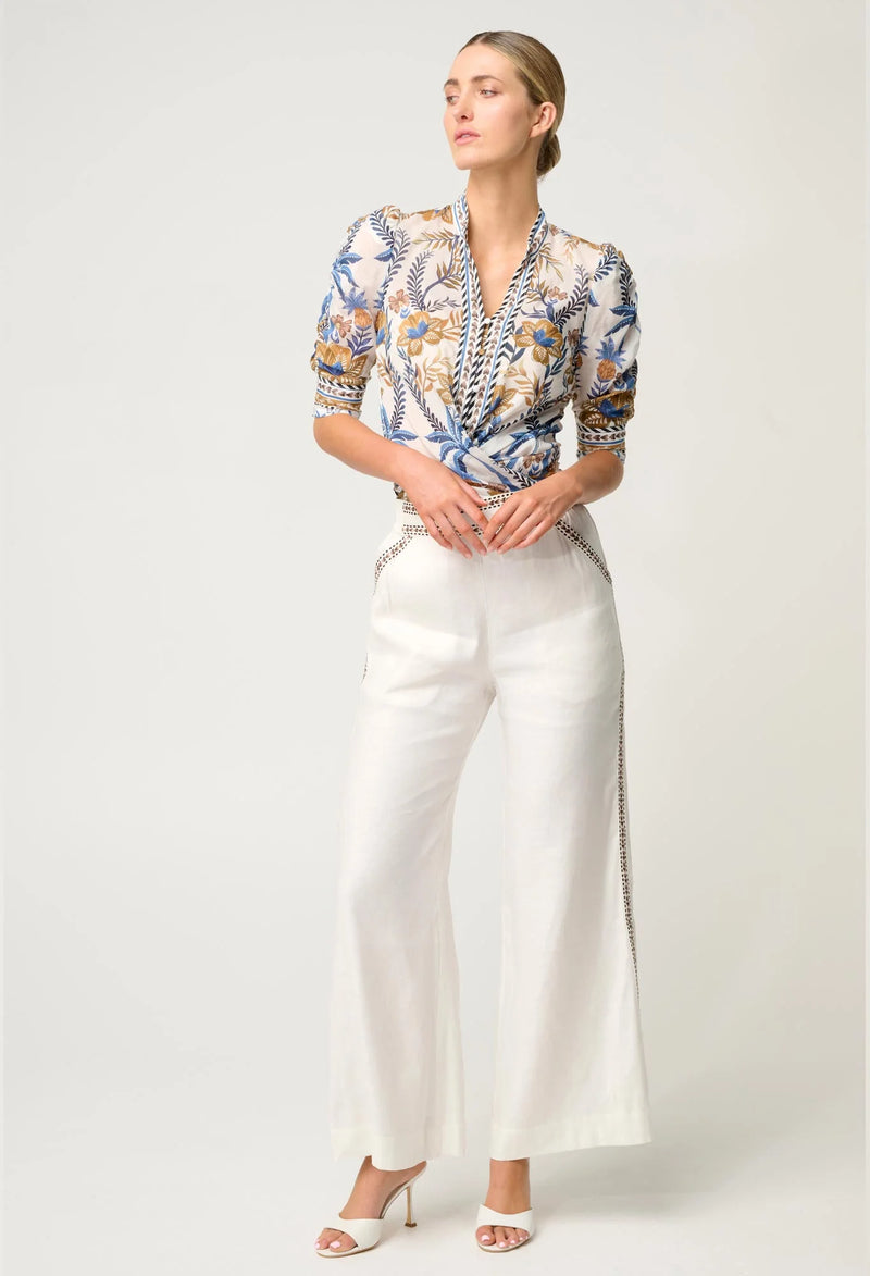 Calantha Silk Cotton Contrast Trim Ruched Sleeve Shirt | Golden Medina
