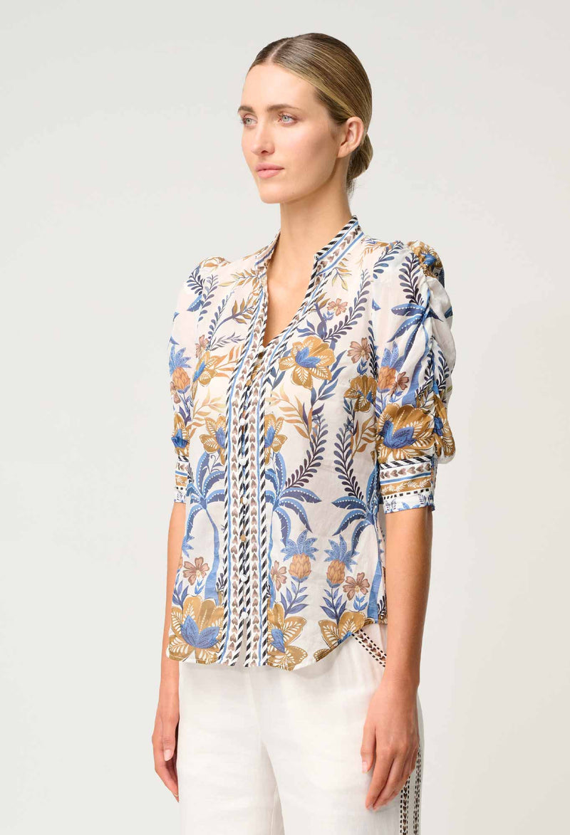 Calantha Silk Cotton Contrast Trim Ruched Sleeve Shirt | Golden Medina