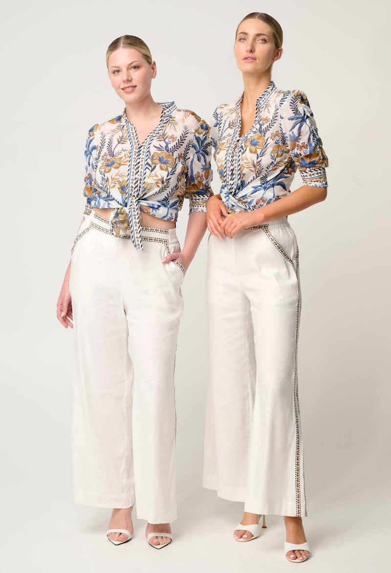 Calantha Silk Cotton Contrast Trim Ruched Sleeve Shirt | Golden Medina
