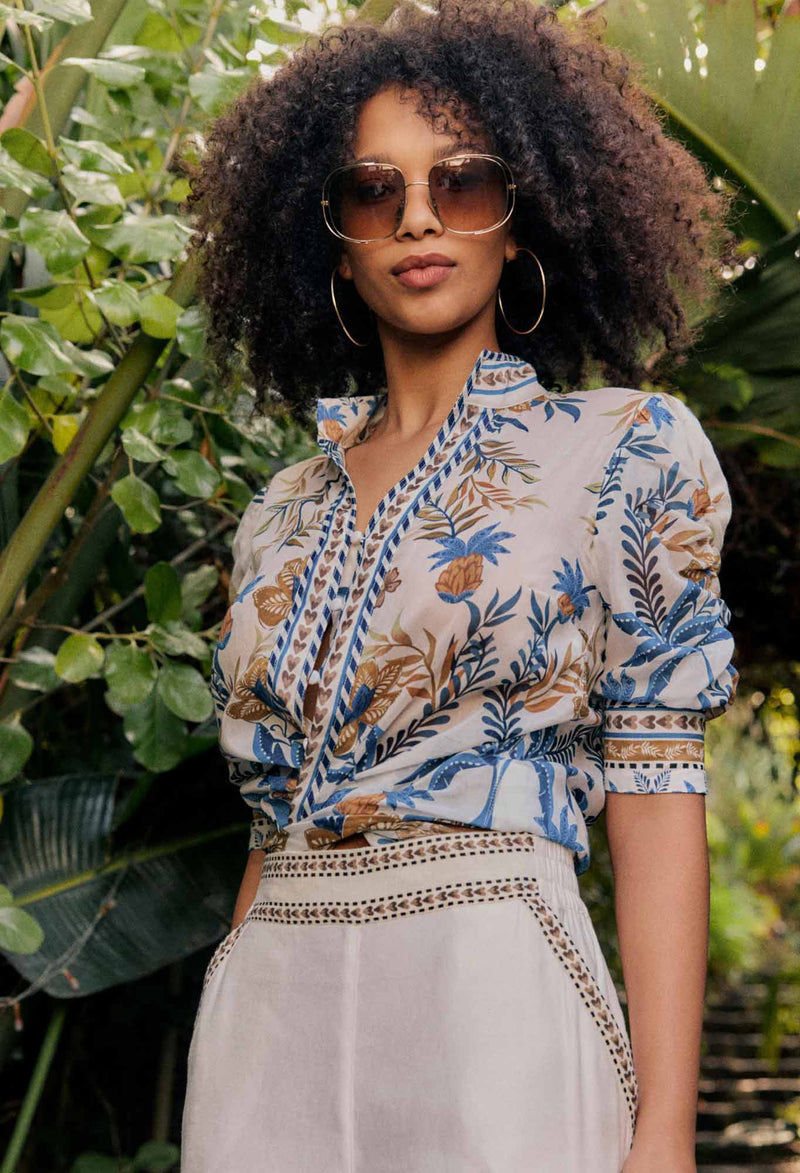 Calantha Silk Cotton Contrast Trim Ruched Sleeve Shirt | Golden Medina