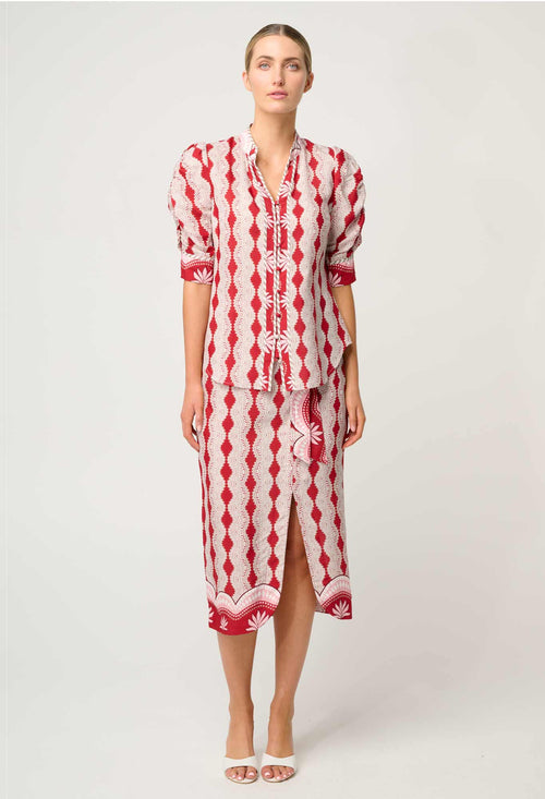 Calantha Viscose Faille Contrast Trim Ruched Sleeve Shirt | Marrakech Ruby