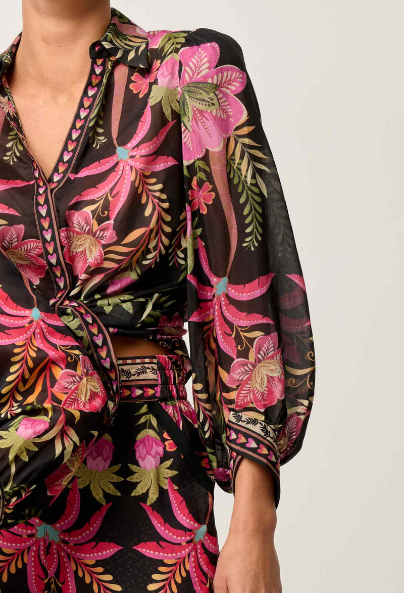 Elysian Silk Cotton Placement Print Cuffed Shirt | Ánthos Iótos