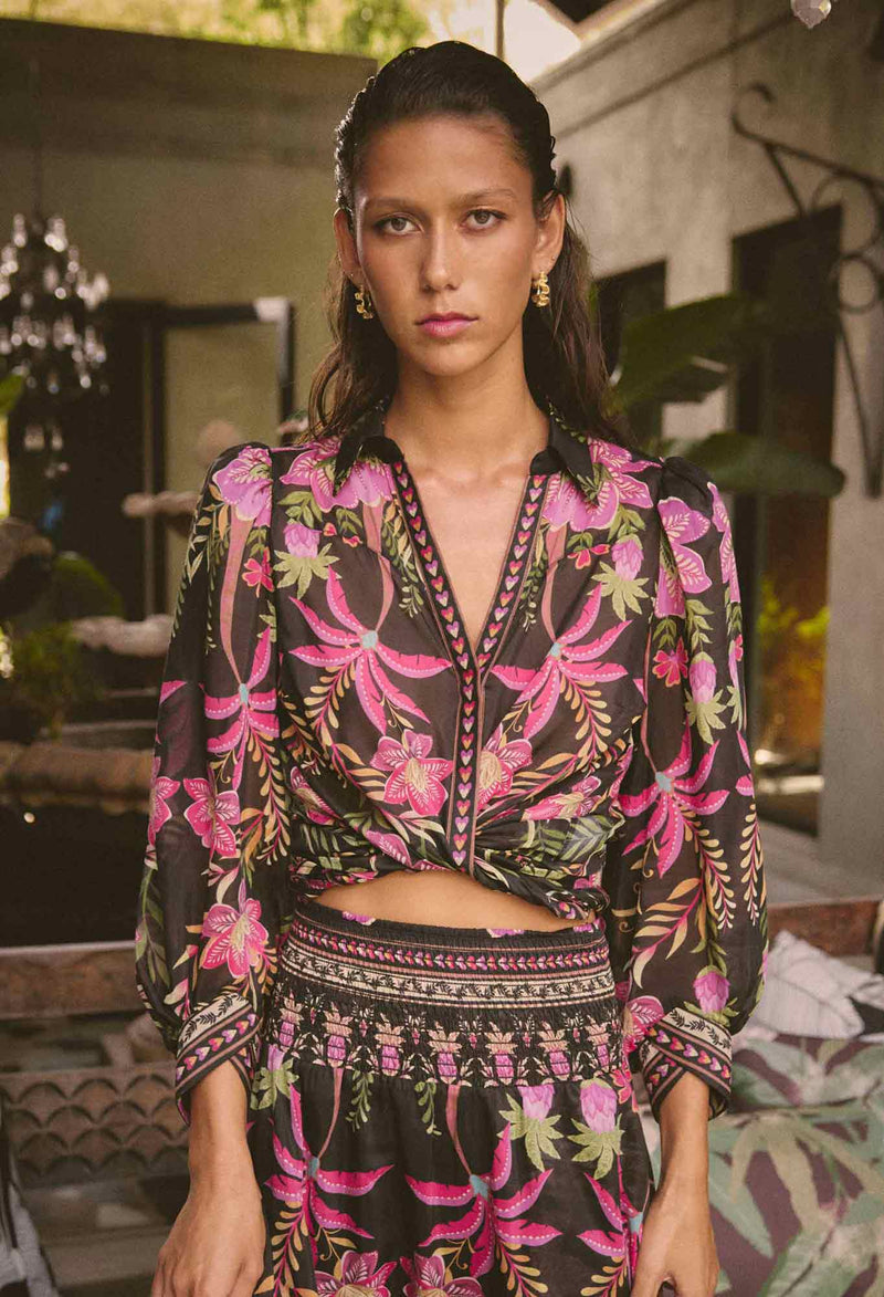 Elysian Silk Cotton Placement Print Cuffed Shirt | Ánthos Iótos