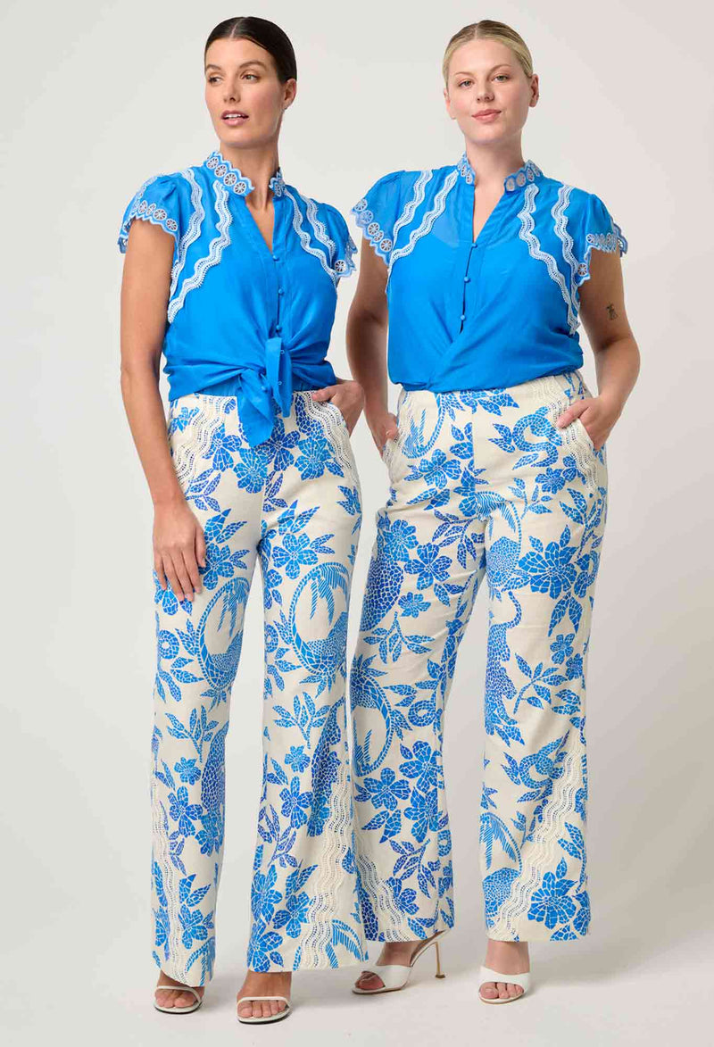 Thalassa Placement Embroidered Silk Cotton Flutter Sleeve Top | Topaz
