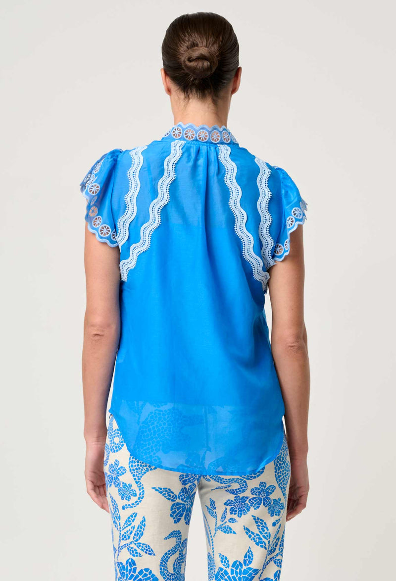 Thalassa Placement Embroidered Silk Cotton Flutter Sleeve Top | Topaz