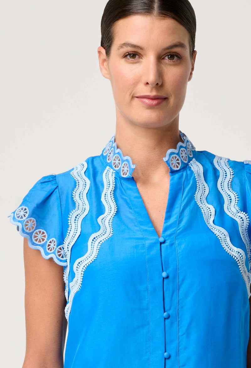 Thalassa Placement Embroidered Silk Cotton Flutter Sleeve Top | Topaz