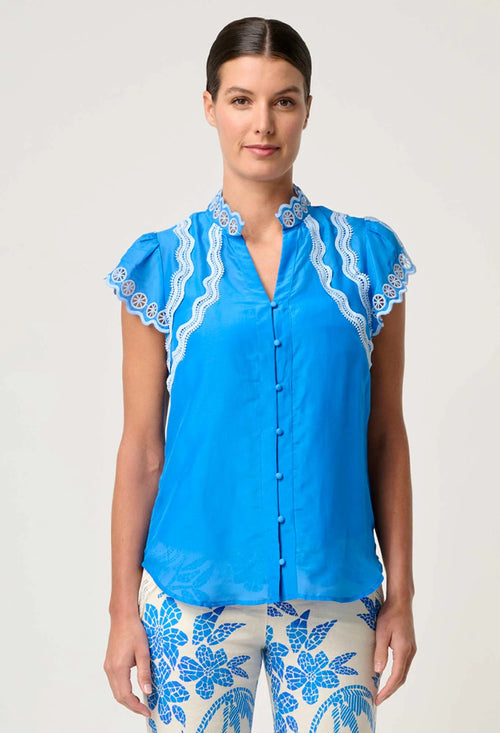 Thalassa Placement Embroidered Silk Cotton Flutter Sleeve Top | Topaz