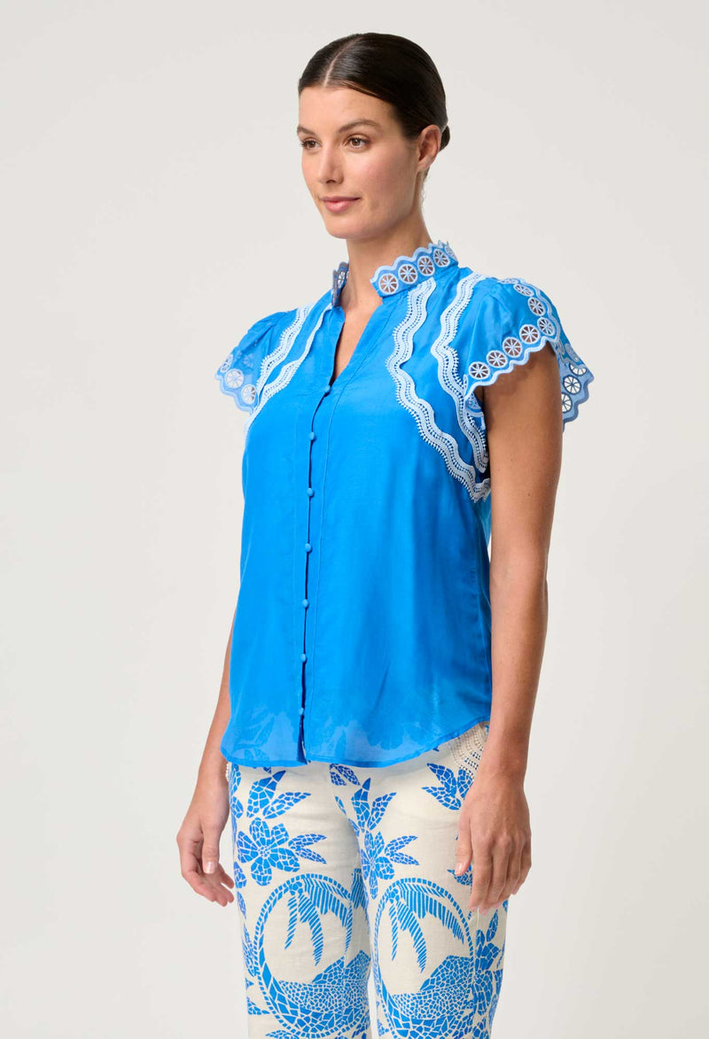 Thalassa Placement Embroidered Silk Cotton Flutter Sleeve Top | Topaz